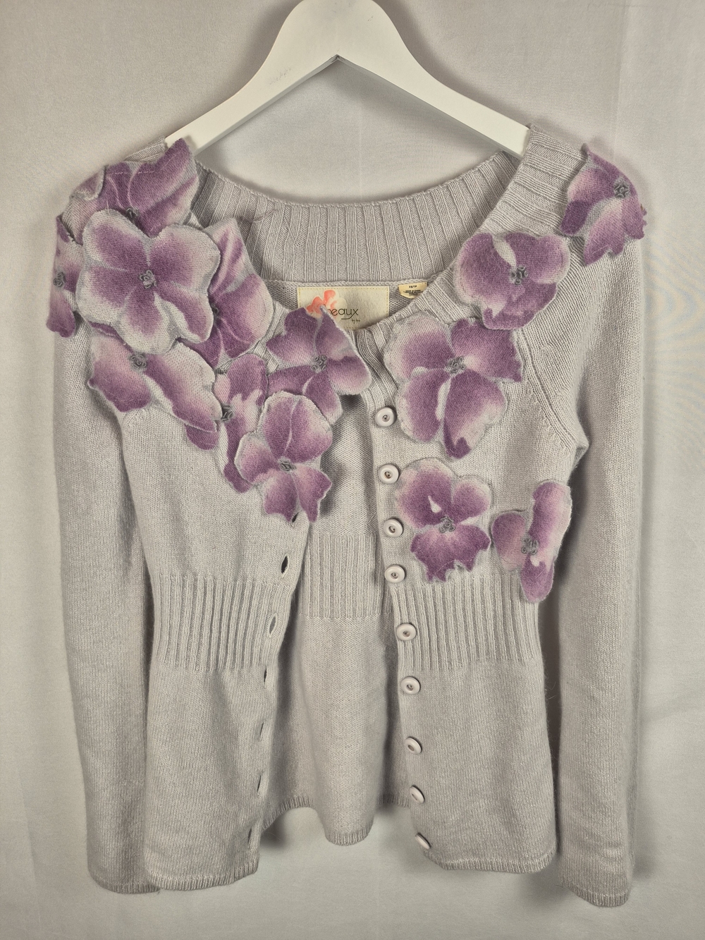 Anthropologie Wool Angora Cardigan with Purple Floral Appliqués Xs